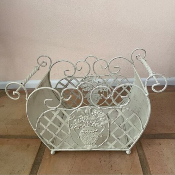Vintage Ornate French Country Style Distressed Metal Basket w/ Lattice & Handels - Picture 1 of 10